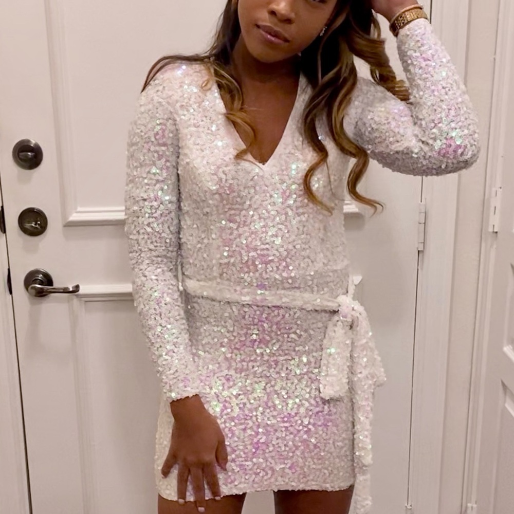 JLUXLABEL White Iridescent Sequin Long Sleeve Dress